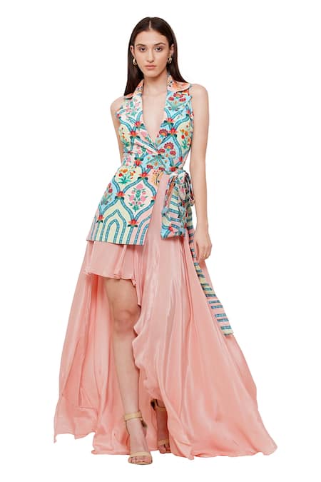 Limerick By Abirr N' Nanki Pink Crepe Floral Notched Lapel Breya Print Jacket Gown 