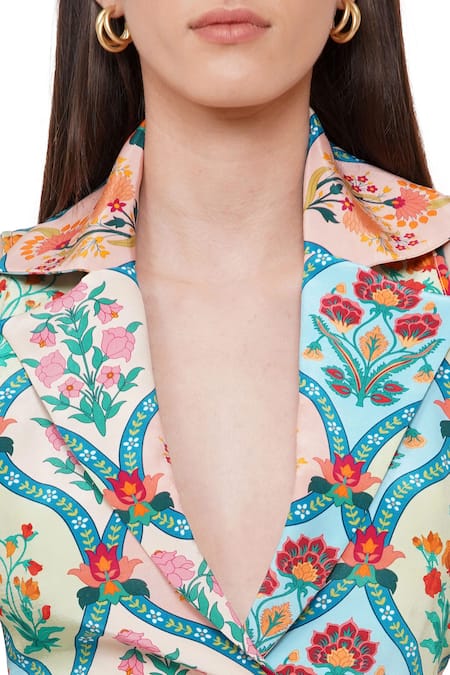 Limerick By Abirr N' Nanki_Pink Crepe Floral Notched Lapel Breya Print Jacket Gown _at_Aza_Fashions