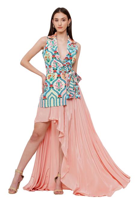 Limerick By Abirr N' Nanki_Pink Crepe Floral Notched Lapel Breya Print Jacket Gown _Online_at_Aza_Fashions