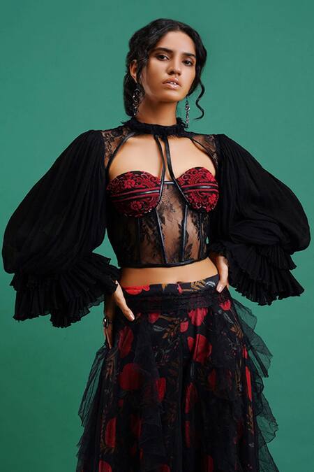 Nidhi Yasha Black Viscose Embroidery Round Top  