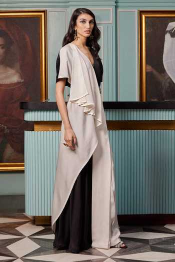 Qbik_Black Textured Crepe Satin V Neck Draped Jumpsuit Sharara Saree _Online_at_Aza_Fashions