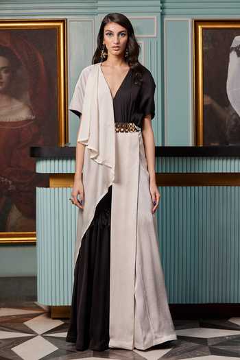 Buy_Qbik_Black Textured Crepe Satin V Neck Draped Jumpsuit Sharara Saree _Online_at_Aza_Fashions