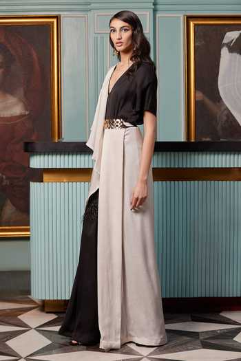 Shop_Qbik_Black Textured Crepe Satin V Neck Draped Jumpsuit Sharara Saree _Online_at_Aza_Fashions