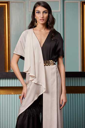 Qbik_Black Textured Crepe Satin V Neck Draped Jumpsuit Sharara Saree _at_Aza_Fashions
