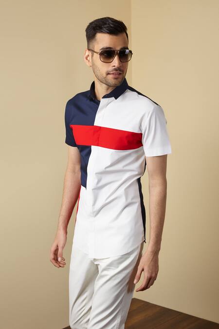 Shop Seven White Cotton Colorblock Shirt at Aza Fashions Shop_Seven_White Cotton Colorblock Shirt_at_Aza_Fashions