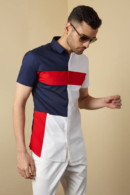 Seven White Cotton Colorblock Shirt Online at Aza Fashions Seven_White Cotton Colorblock Shirt_Online_at_Aza_Fashions