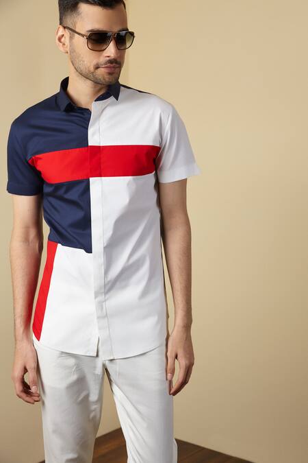 Buy Seven White Cotton Colorblock Shirt Online at Aza Fashions Buy_Seven_White Cotton Colorblock Shirt_Online_at_Aza_Fashions