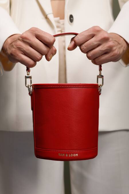 Shop_Tan & Loom_Red Barrel Leather Potli Bag _Online_at_Aza_Fashions