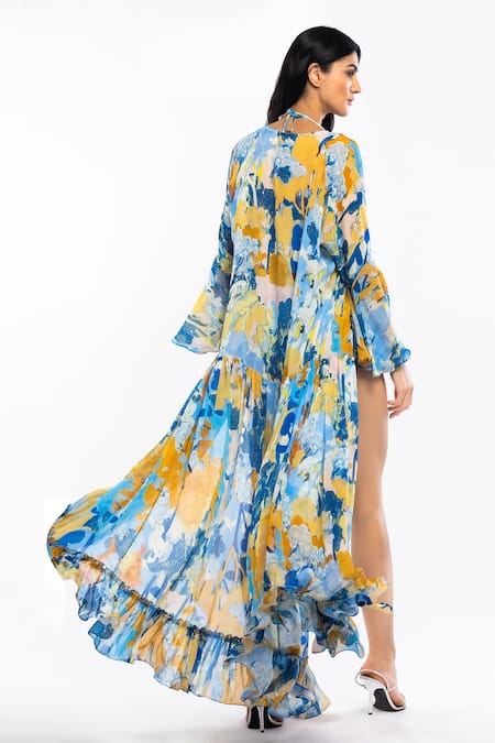 Shop Mandira Wirk Resort Yellow Chiffon And Lyrca Tropical Print Halter Bikini With Cover Up at Aza Fashions Shop_Mandira Wirk Resort_Yellow Chiffon And Lyrca Tropical Print Halter Bikini With Cover Up _at_Aza_Fashions