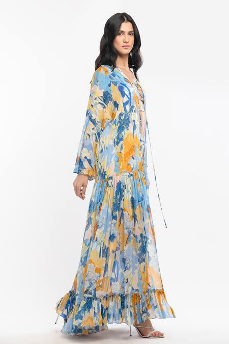 Mandira Wirk Resort Yellow Chiffon And Lyrca Tropical Print Halter Bikini With Cover Up Online at Aza Fashions Mandira Wirk Resort_Yellow Chiffon And Lyrca Tropical Print Halter Bikini With Cover Up _Online_at_Aza_Fashions