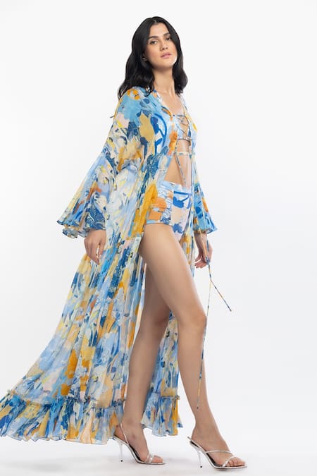 Buy Mandira Wirk Resort Yellow Chiffon And Lyrca Tropical Print Halter Bikini With Cover Up Online at Aza Fashions Buy_Mandira Wirk Resort_Yellow Chiffon And Lyrca Tropical Print Halter Bikini With Cover Up _Online_at_Aza_Fashions