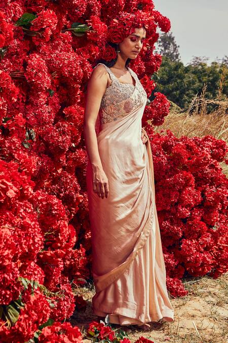 Bhumika Sharma_Beige Satin And Net Zardozi & Pearl Sweetheart Neck Saree With Blouse_Online_at_Aza_Fashions