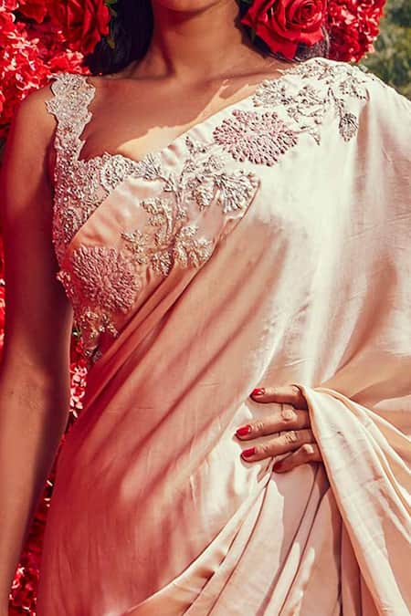 Shop_Bhumika Sharma_Beige Satin And Net Zardozi & Pearl Sweetheart Neck Saree With Blouse_Online_at_Aza_Fashions
