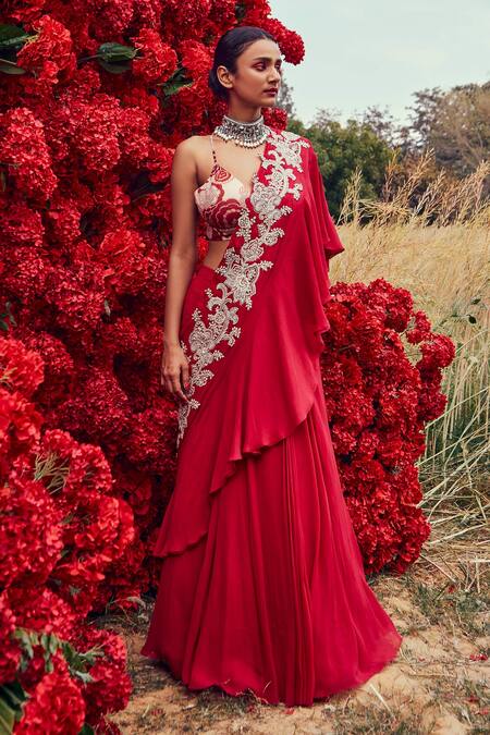 Bhumika Sharma_Pink Georgette, Shantoon And Net Embroidered Pre-stitched Saree With Blouse_Online_at_Aza_Fashions