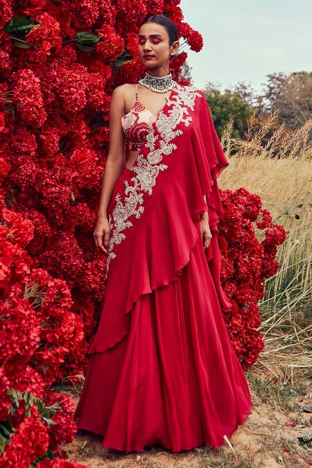 Buy_Bhumika Sharma_Pink Georgette, Shantoon And Net Embroidered Pre-stitched Saree With Blouse_Online_at_Aza_Fashions