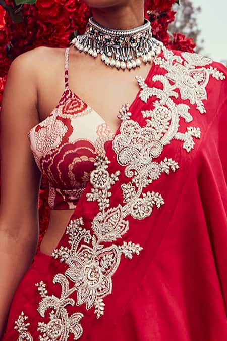 Bhumika Sharma_Pink Georgette, Shantoon And Net Embroidered Pre-stitched Saree With Blouse_at_Aza_Fashions