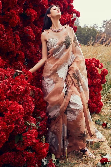 Bhumika Sharma Peach Organza And Embroidery Dahlia Sweetheart Neck Saree With Blouse 