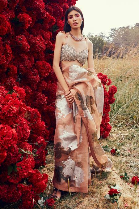 Bhumika Sharma_Peach Organza, Net, Satin Crepe And Shantoon Dahlia Print, Saree With Blouse_Online_at_Aza_Fashions