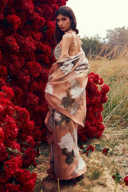 Buy_Bhumika Sharma_Peach Organza, Net, Satin Crepe And Shantoon Dahlia Print, Saree With Blouse_Online_at_Aza_Fashions