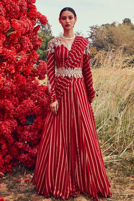 Bhumika Sharma Red Georgette, Net And Shantoon Dabka, Nurekha Pre-stitched Saree With Blouse Online at Aza Fashions Bhumika Sharma_Red Georgette, Net And Shantoon Dabka, Nurekha Pre-stitched Saree With Blouse_Online_at_Aza_Fashions