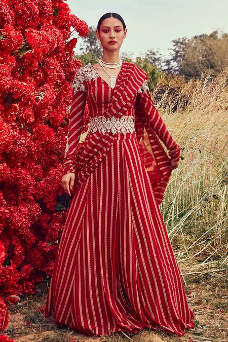 Buy Bhumika Sharma Red Georgette, Net And Shantoon Dabka, Nurekha Pre-stitched Saree With Blouse Online at Aza Fashions Buy_Bhumika Sharma_Red Georgette, Net And Shantoon Dabka, Nurekha Pre-stitched Saree With Blouse_Online_at_Aza_Fashions