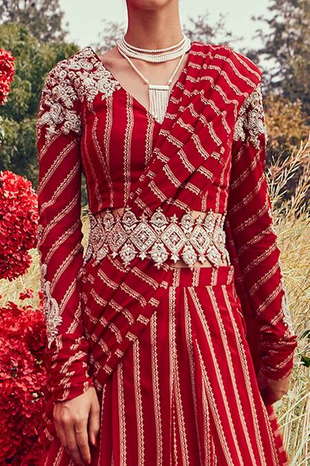 Shop Bhumika Sharma Red Georgette, Net And Shantoon Dabka, Nurekha Pre-stitched Saree With Blouse Online at Aza Fashions Shop_Bhumika Sharma_Red Georgette, Net And Shantoon Dabka, Nurekha Pre-stitched Saree With Blouse_Online_at_Aza_Fashions