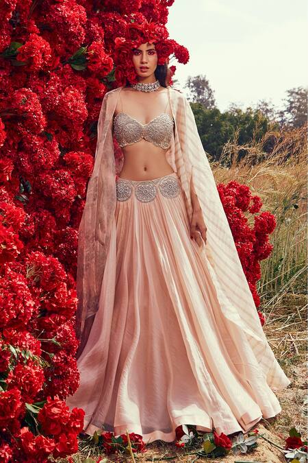 Bhumika Sharma_Beige Organza, Shantoon, Net And Satin Crepe Dabka & Embroidered Cape Lehenga Set _Online_at_Aza_Fashions