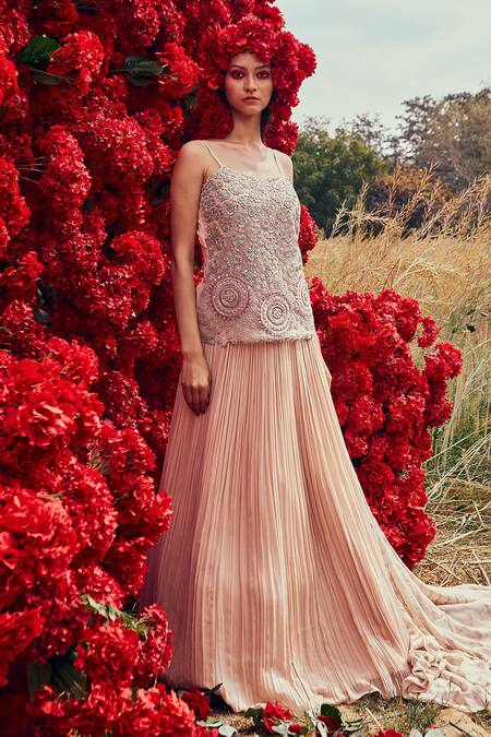 Bhumika Sharma_Beige Georgette, Shantoon And Net Mirror Work, Dabka Embroidered Kurta Lehenga Set_Online_at_Aza_Fashions