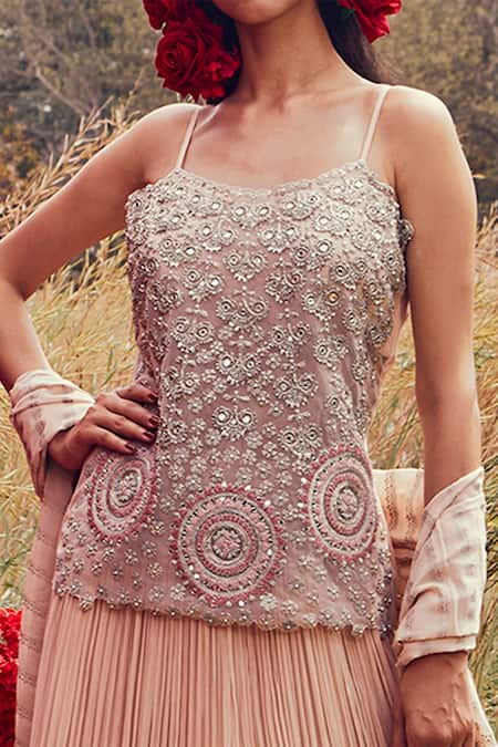 Buy_Bhumika Sharma_Beige Georgette, Shantoon And Net Mirror Work, Dabka Embroidered Kurta Lehenga Set_Online_at_Aza_Fashions