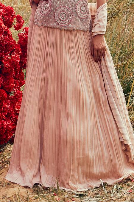 Shop_Bhumika Sharma_Beige Georgette, Shantoon And Net Mirror Work, Dabka Embroidered Kurta Lehenga Set_Online_at_Aza_Fashions