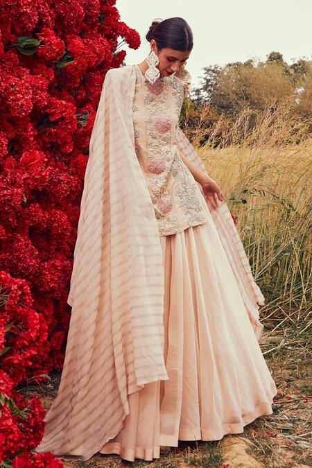 Bhumika Sharma_Beige Organza, Georgette, Shantoon And Satin Crepe Embroidered Kurta Lehenga Set_Online_at_Aza_Fashions