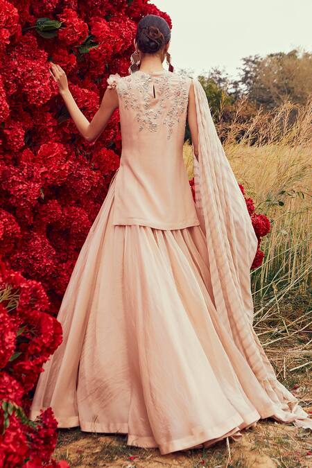 Shop_Bhumika Sharma_Beige Organza, Georgette, Shantoon And Satin Crepe Embroidered Kurta Lehenga Set_Online_at_Aza_Fashions
