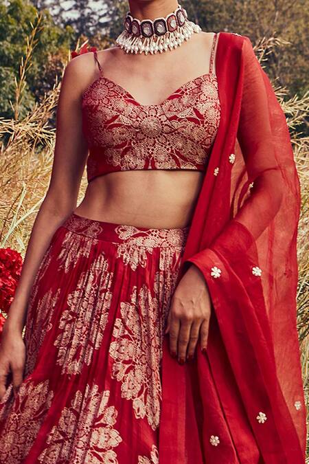 Buy_Bhumika Sharma_Red Organza, Shantoon And Crepe Satin Pearl & Thread Work, Tara Print Lehenga Set_Online_at_Aza_Fashions
