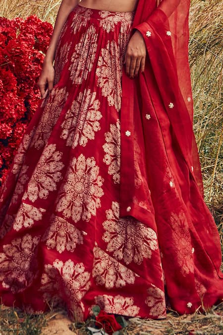 Shop_Bhumika Sharma_Red Organza, Shantoon And Crepe Satin Pearl & Thread Work, Tara Print Lehenga Set_Online_at_Aza_Fashions
