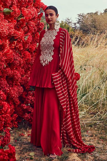 Bhumika Sharma_Red Georgette, Shantoon And Net Nejma Embroidery & Nurekha Print Round Kurta Set_Online_at_Aza_Fashions