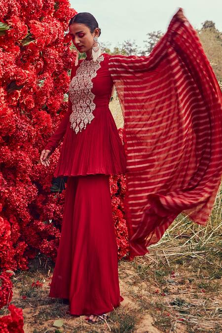 Buy_Bhumika Sharma_Red Georgette, Shantoon And Net Nejma Embroidery & Nurekha Print Round Kurta Set_Online_at_Aza_Fashions