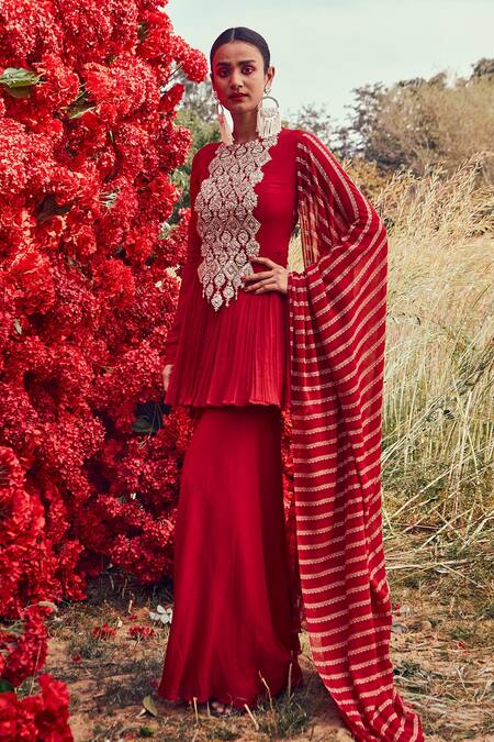 Shop_Bhumika Sharma_Red Georgette, Shantoon And Net Nejma Embroidery & Nurekha Print Round Kurta Set_Online_at_Aza_Fashions