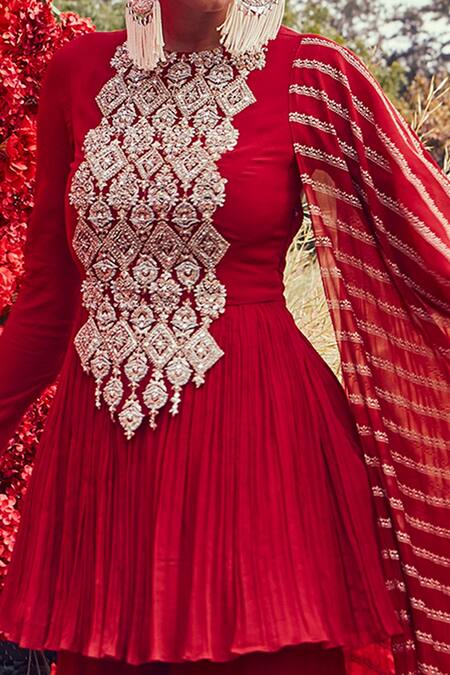 Bhumika Sharma_Red Georgette, Shantoon And Net Nejma Embroidery & Nurekha Print Round Kurta Set_at_Aza_Fashions