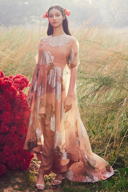 Bhumika Sharma_Peach Organza, Crepe Satin And Net Dabka, Dahlia Asymmetric Kurta & Pant Set_Online_at_Aza_Fashions