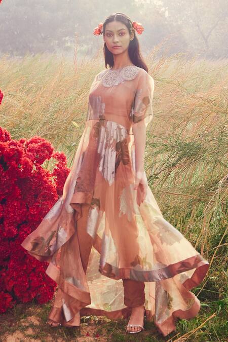 Buy_Bhumika Sharma_Peach Organza, Crepe Satin And Net Dabka, Dahlia Asymmetric Kurta & Pant Set_Online_at_Aza_Fashions