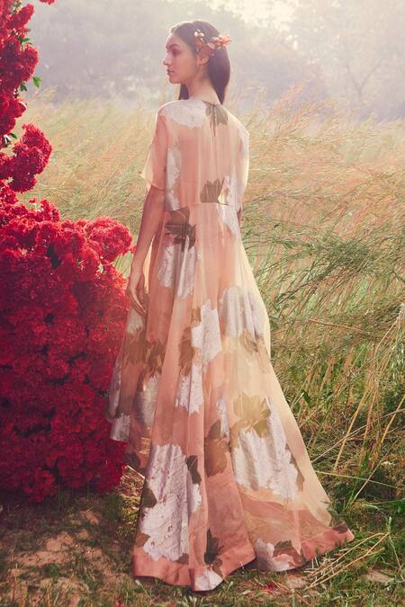 Shop_Bhumika Sharma_Peach Organza, Crepe Satin And Net Dabka, Dahlia Asymmetric Kurta & Pant Set_Online_at_Aza_Fashions