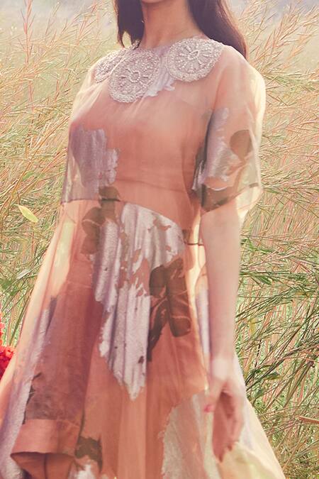 Bhumika Sharma_Peach Organza, Crepe Satin And Net Dabka, Dahlia Asymmetric Kurta & Pant Set_at_Aza_Fashions