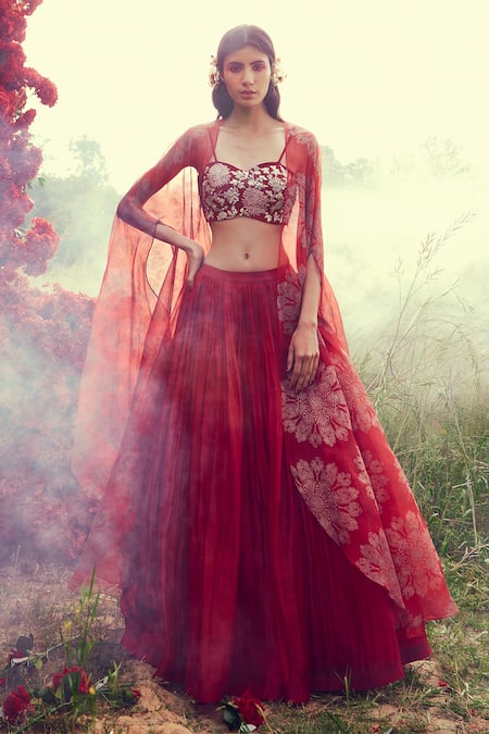 Buy_Bhumika Sharma_Red Organza, Shantoon And Crepe Satin Pearl, Dabka, Sequin & Cape Lehenga Set_Online_at_Aza_Fashions