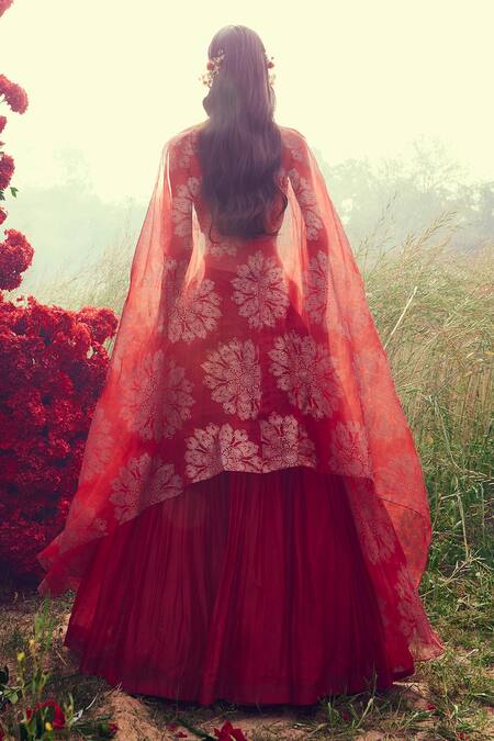 Shop_Bhumika Sharma_Red Organza, Shantoon And Crepe Satin Pearl, Dabka, Sequin & Cape Lehenga Set_at_Aza_Fashions