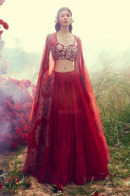 Bhumika Sharma_Red Organza, Shantoon And Crepe Satin Pearl, Dabka, Sequin & Cape Lehenga Set_Online_at_Aza_Fashions