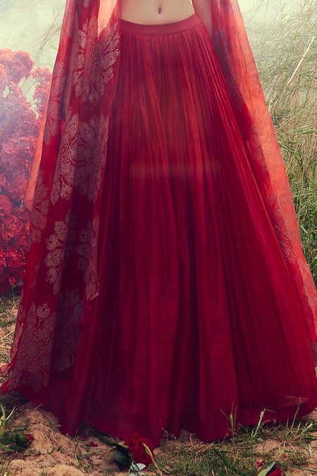 Bhumika Sharma_Red Organza, Shantoon And Crepe Satin Pearl, Dabka, Sequin & Cape Lehenga Set_at_Aza_Fashions