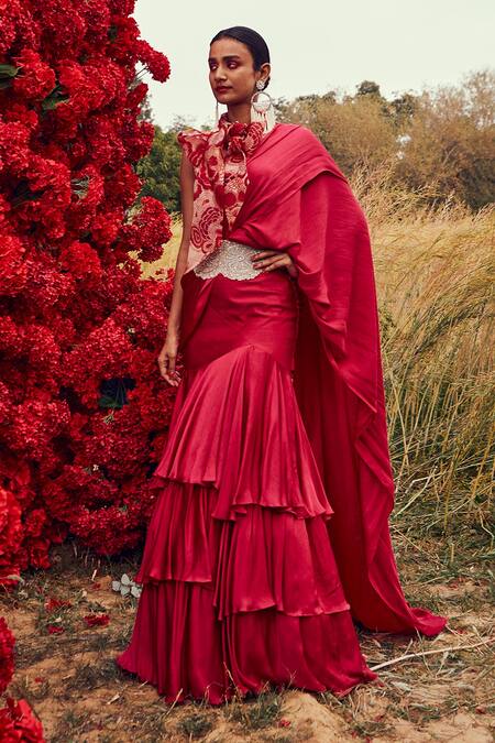 Bhumika Sharma_Pink Organza, Shantoon And Crepe Satin Bahaar Print, Pre-draped Saree With Blouse_Online_at_Aza_Fashions