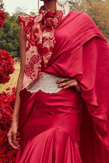 Buy_Bhumika Sharma_Pink Organza, Shantoon And Crepe Satin Bahaar Print, Pre-draped Saree With Blouse_Online_at_Aza_Fashions