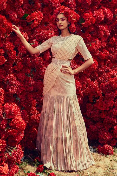 Bhumika Sharma_Beige Georgette, Shantoon And Net Tara Print & Pre-stitched Saree With Blouse_Online_at_Aza_Fashions