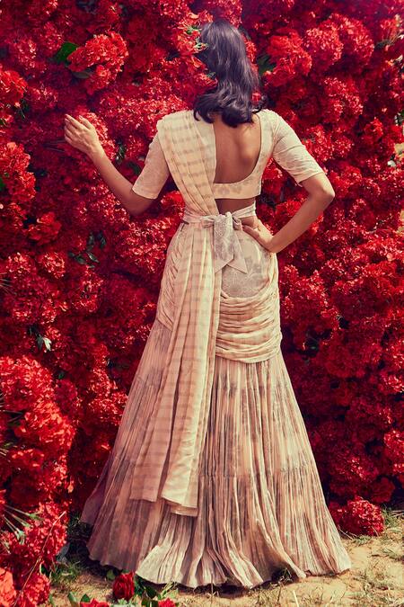 Buy_Bhumika Sharma_Beige Georgette, Shantoon And Net Tara Print & Pre-stitched Saree With Blouse_Online_at_Aza_Fashions